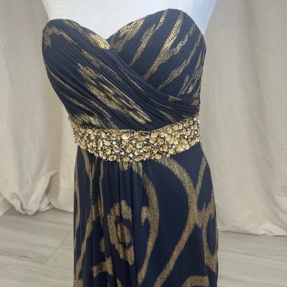 Betsy & Adam Navy Blue & Gold Metallic Strapless Glam Prom Evening Gown Sz 10 - Picture 5 of 8